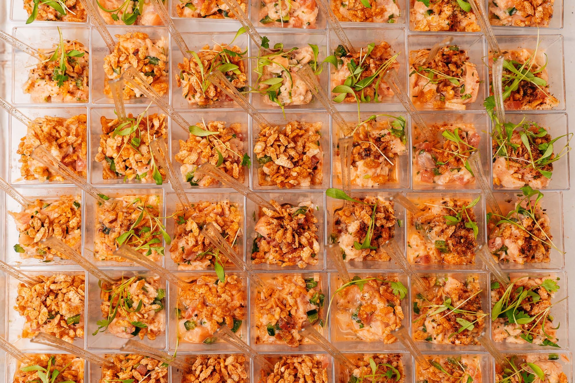 Grid of passed appetizers ready for service