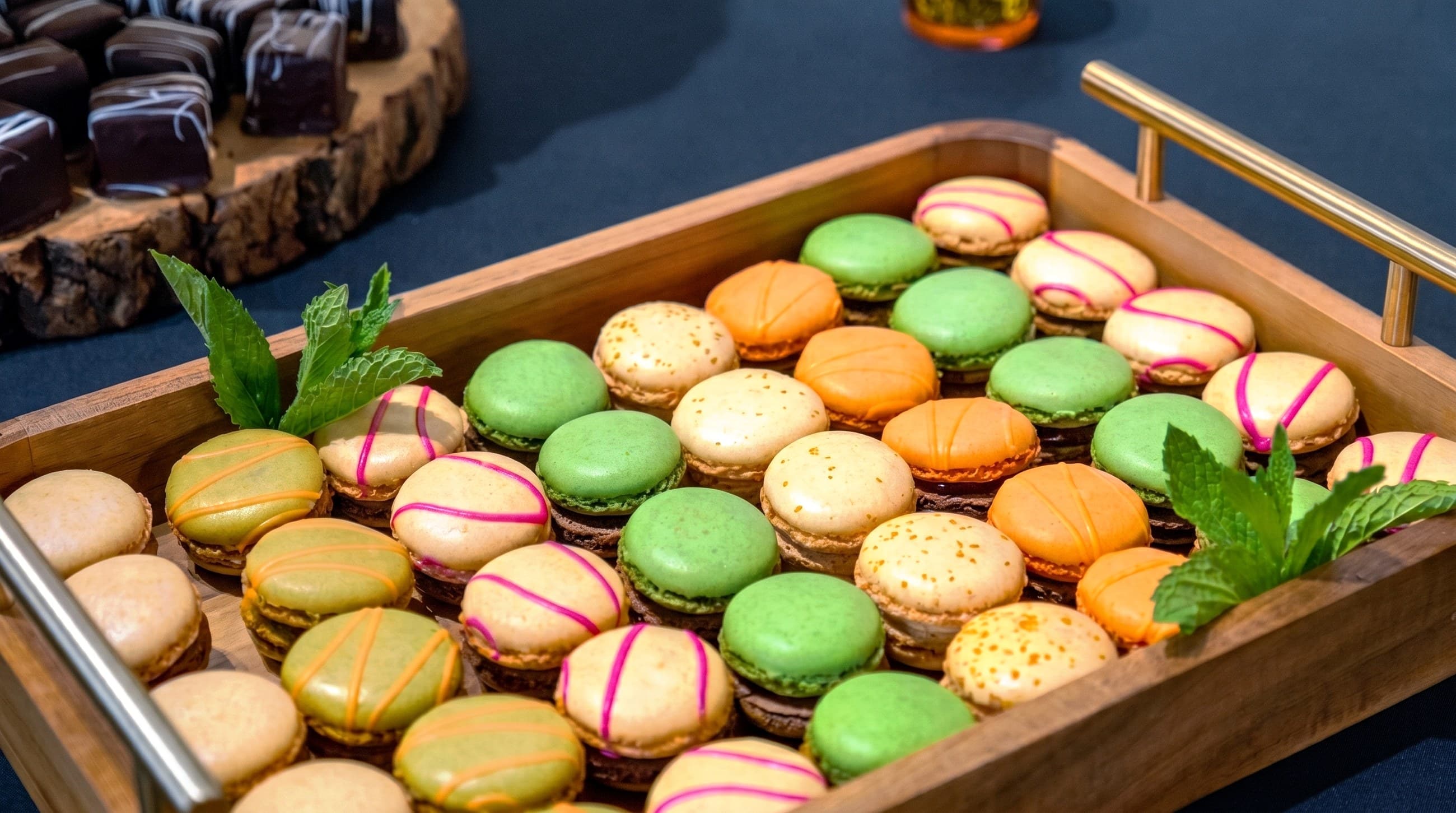 A tray of macarons in pistachio, lemon, and apricot with fresh mint
